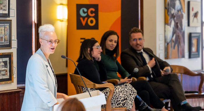 A panel of employers speaking about hosting students at a CCVO event.