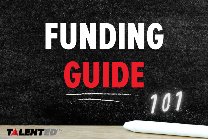 black chalkboard with words 'funding guide' in white and red